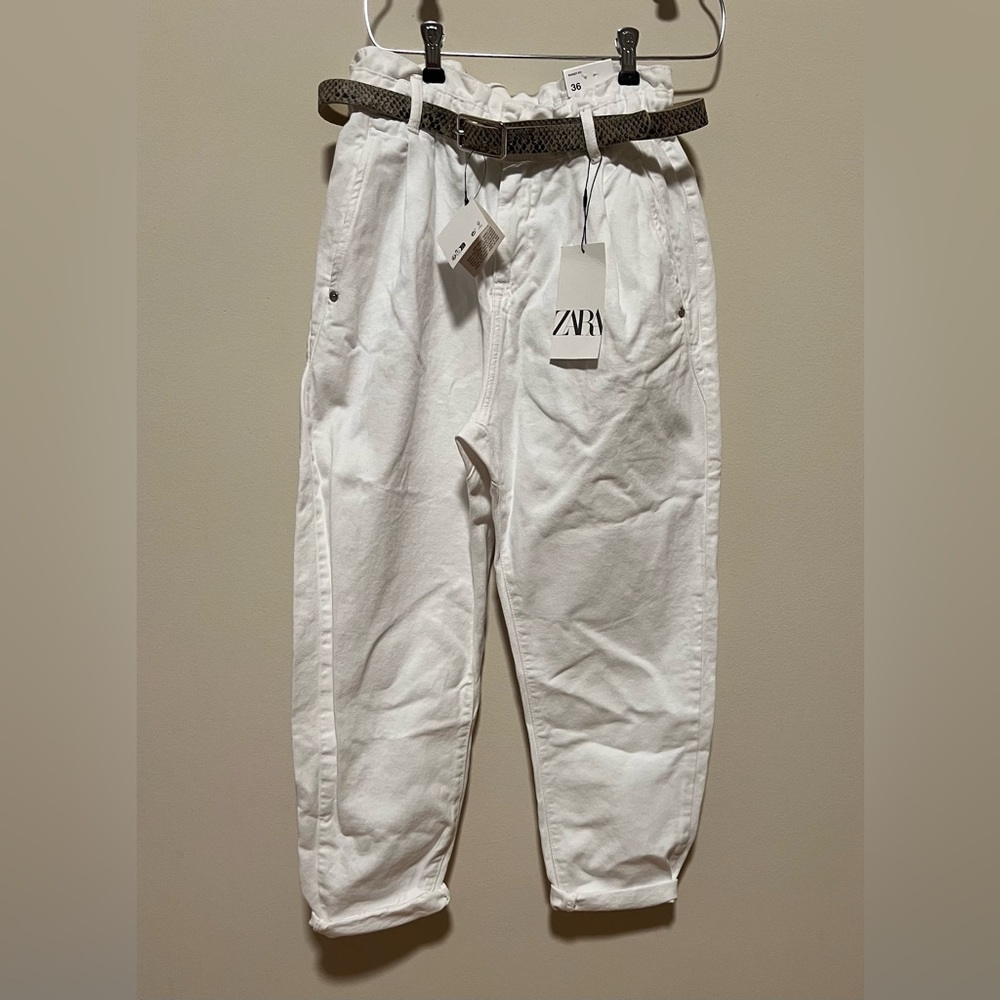 Zara Baggy Fit Paper Bag Carrot Leg Rigid Ankle Jean - White, US 4
